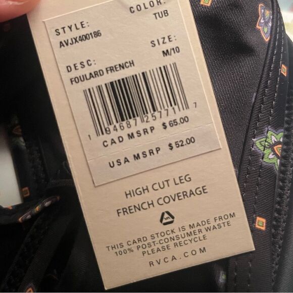 RVCA Foulard High Cut French Bikini Bottom Size M Side Tie Black Mandala-Like - Picture 9 of 9